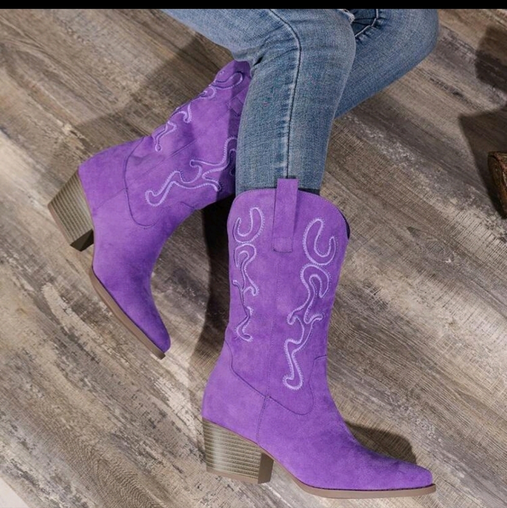 NEW WOMENS PURPLE💜 EMBROIDERED WEDGE SLIP-ON BOOTS - Picture 5 of 10
